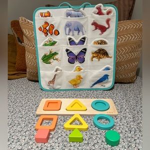 Lovevery geo shapes puzzle and animal quilted critter pockets